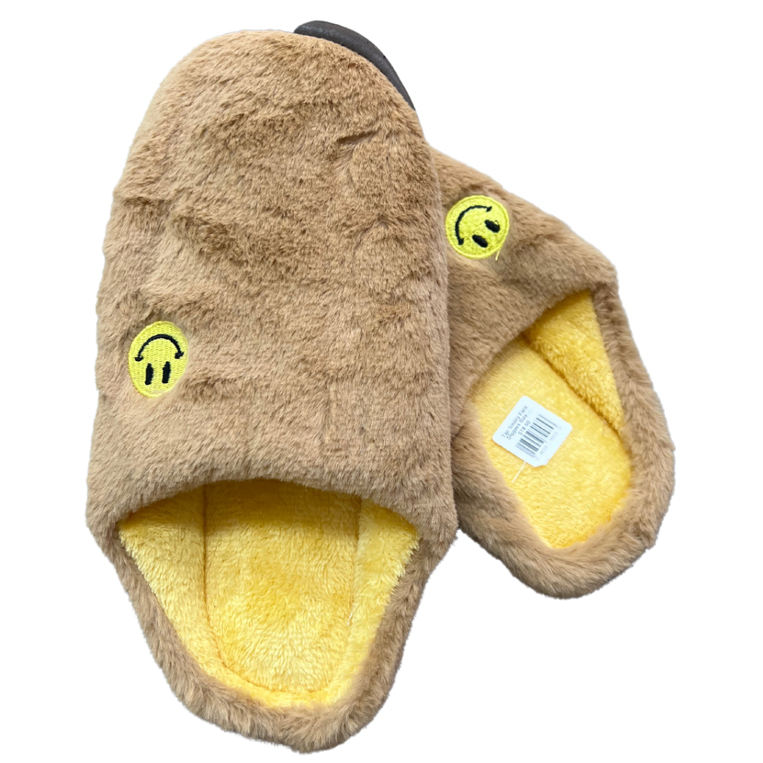 Tan Smiley Face Slippers Size 6-6.5