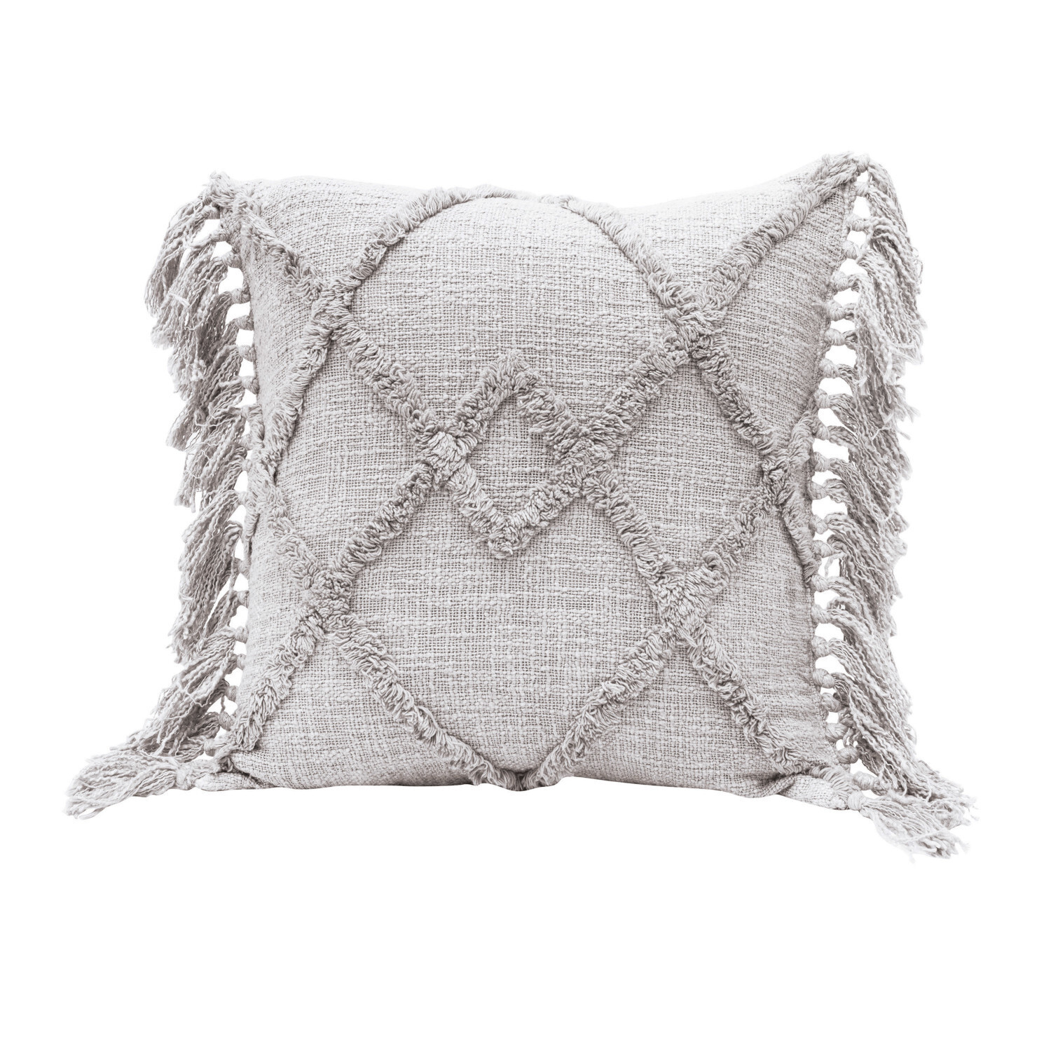 Gray Fringe Tufted Patterned Pillow