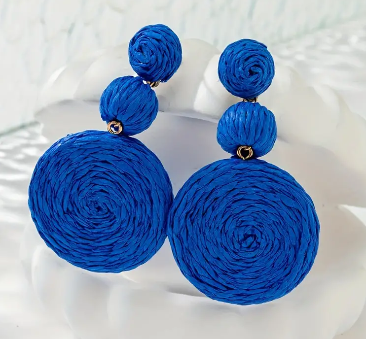 Blue Rattan Circle Drop Earrings