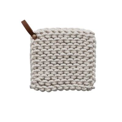 Cream Crocheted Pot Holder w/ Leather Loop