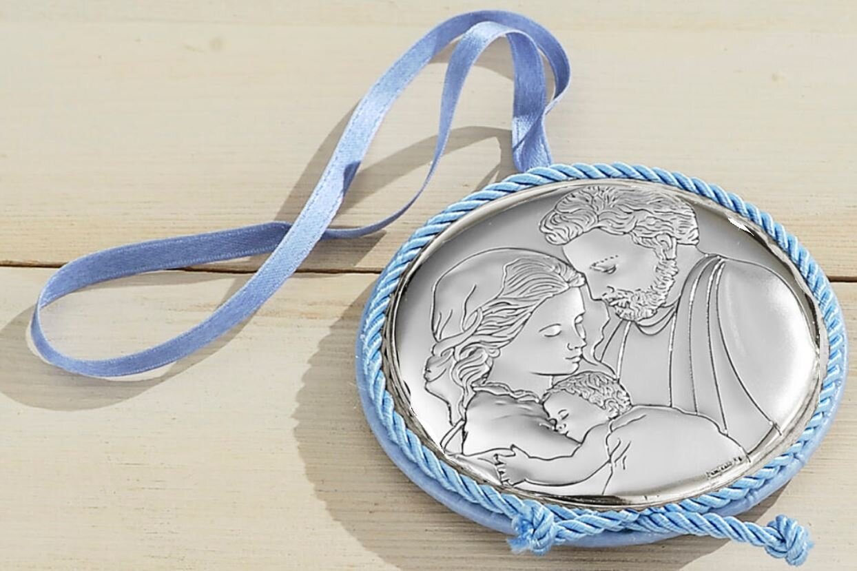 Medalla de Cuna Sagrada Familia Celeste 8cm