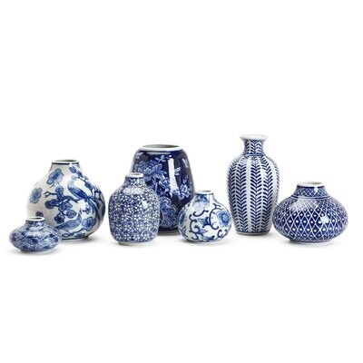 Set of 7 Blue and White Vases