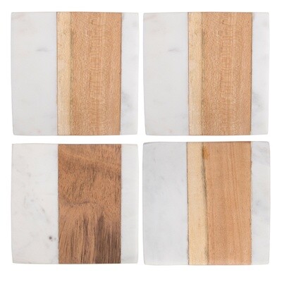 Set de 4 Coasters de Madera y Marmol Blanco