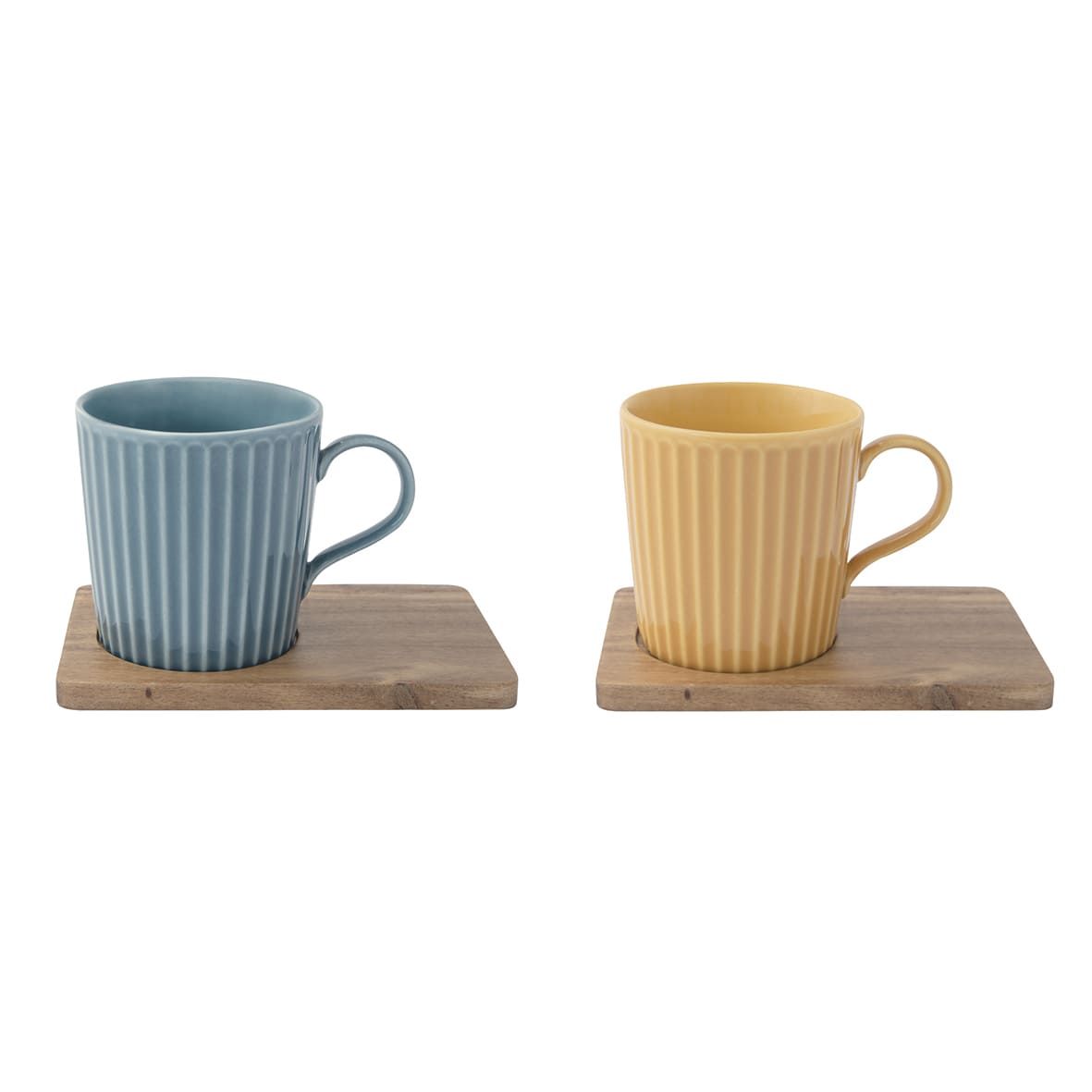 Set de 2 Mugs con Base de Madera Take A Break (Amarillo y Azul)