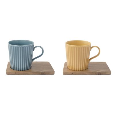 Set de 2 Mugs con Base de Madera Take A Break (Amarillo y Azul)