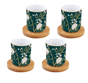 Set de 4 Tazas de Espresso con Platitos de Bamboo Royal Peonies