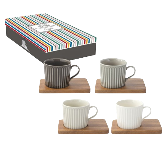 Set de 4 Tazas de Espresso con Bases de Madera Take a Break (Black &amp; White)
