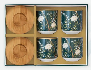 Set de 4 Tazas de Espresso con Platitos de Bamboo Royal Peonies