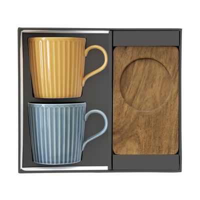Set de 2 Mugs con Base de Madera Take A Break (Amarillo y Azul)
