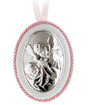 Medalla para la Cuna de Angel de la Guarda con el Niño con Borde Rosado