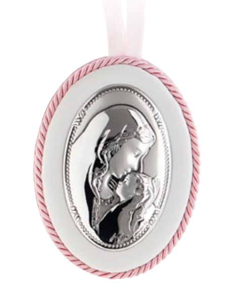 Medalla para la Cuna de Virgen con el Niño con Borde Rosado