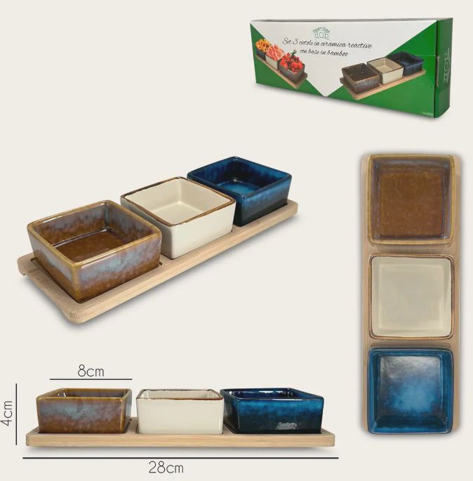 Set de Bandeja con 3 Bowls Cuadrados