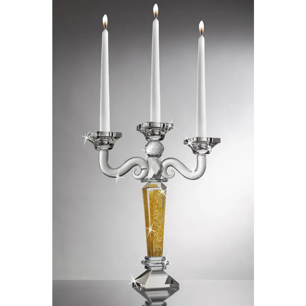 Candelabro de Cristal de Tres Velas con Dorado