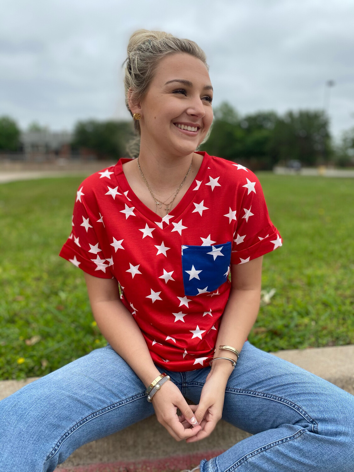Home Of The Free Red Stars Tee.