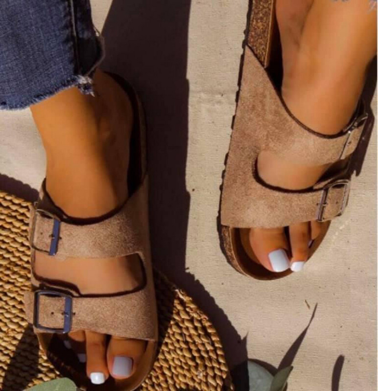 Tan Buckle Slide Sandals.*