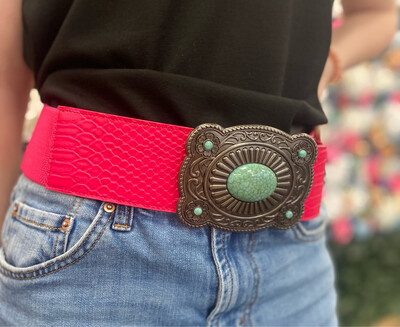 Pink Gator Leather Belt With Turquoise Buckle 