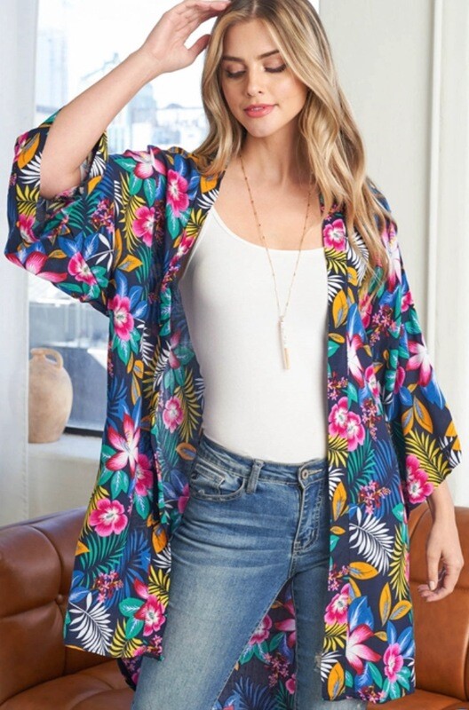 Blue Tropical Floral Kimono.