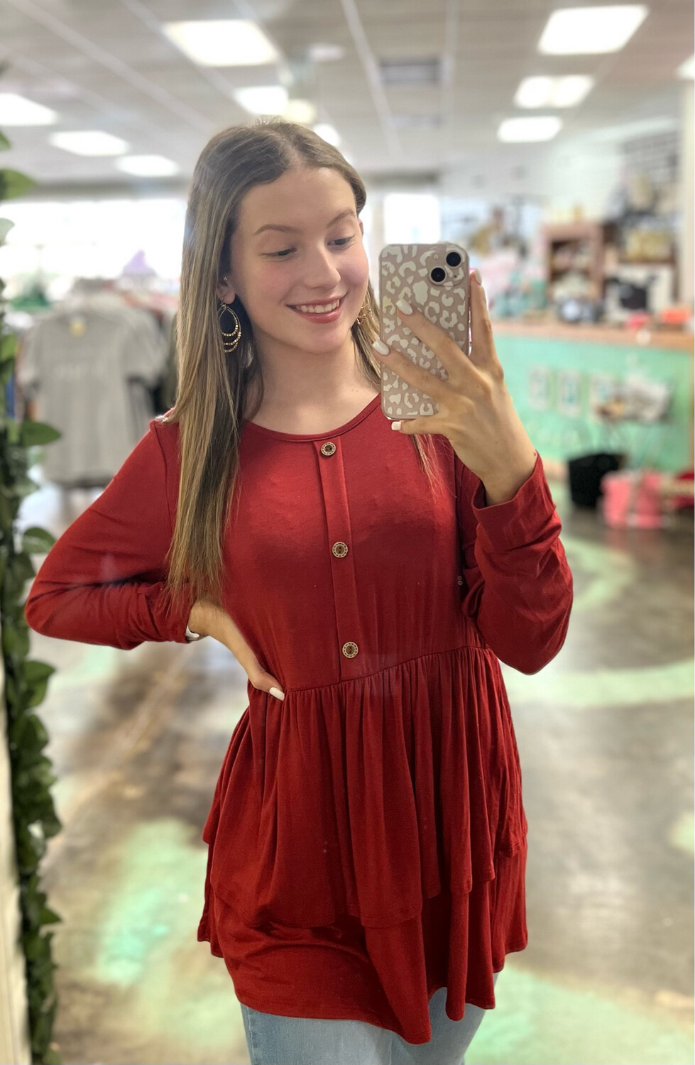 Rust Button Peplum Top