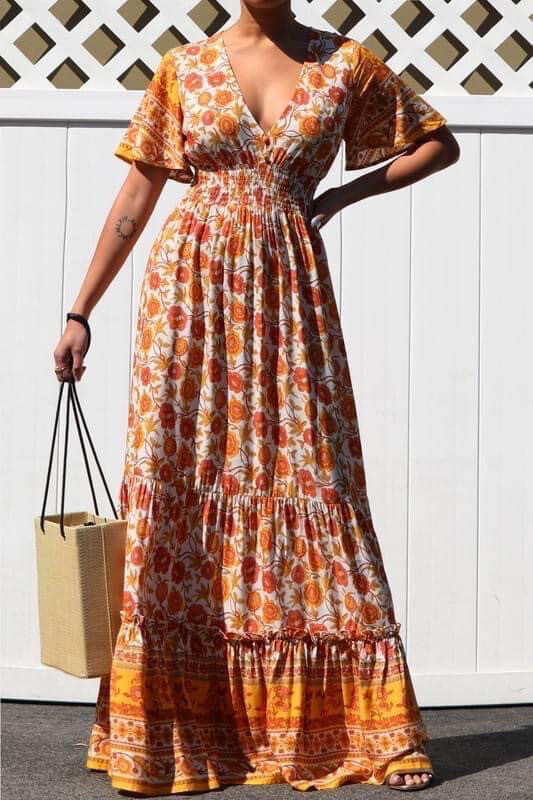 Retro V-Neck Maxi Dress