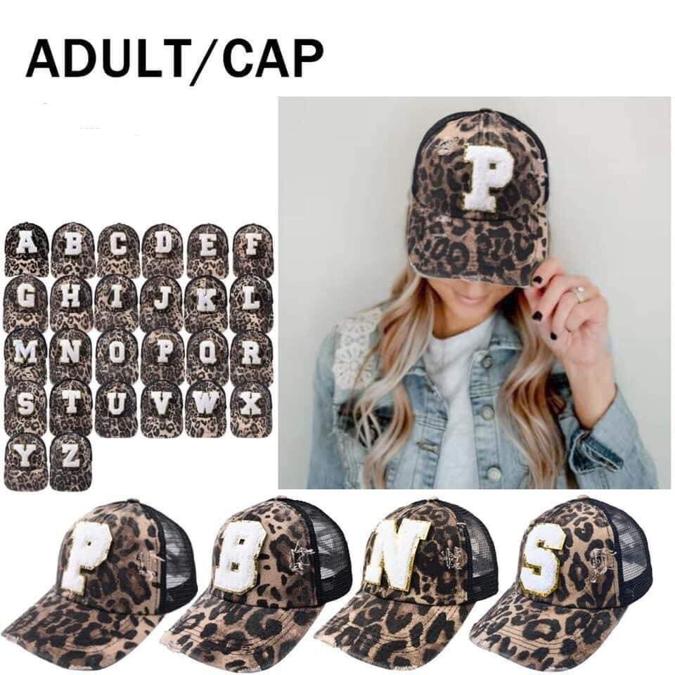 Varsity Letter Leopard Ponytail Hat