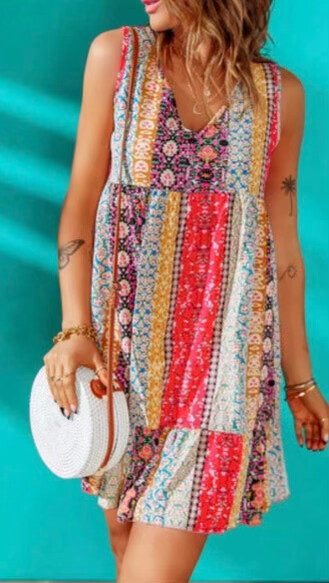 Bright Patchwork V-Neck Dress