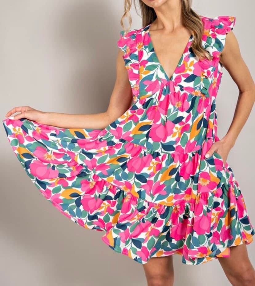 Pink Tropic V-neck dress