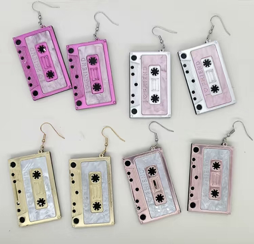 silver pink cassette earrings