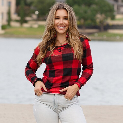 Buffalo Plaid V Neck Long Sleeve Top