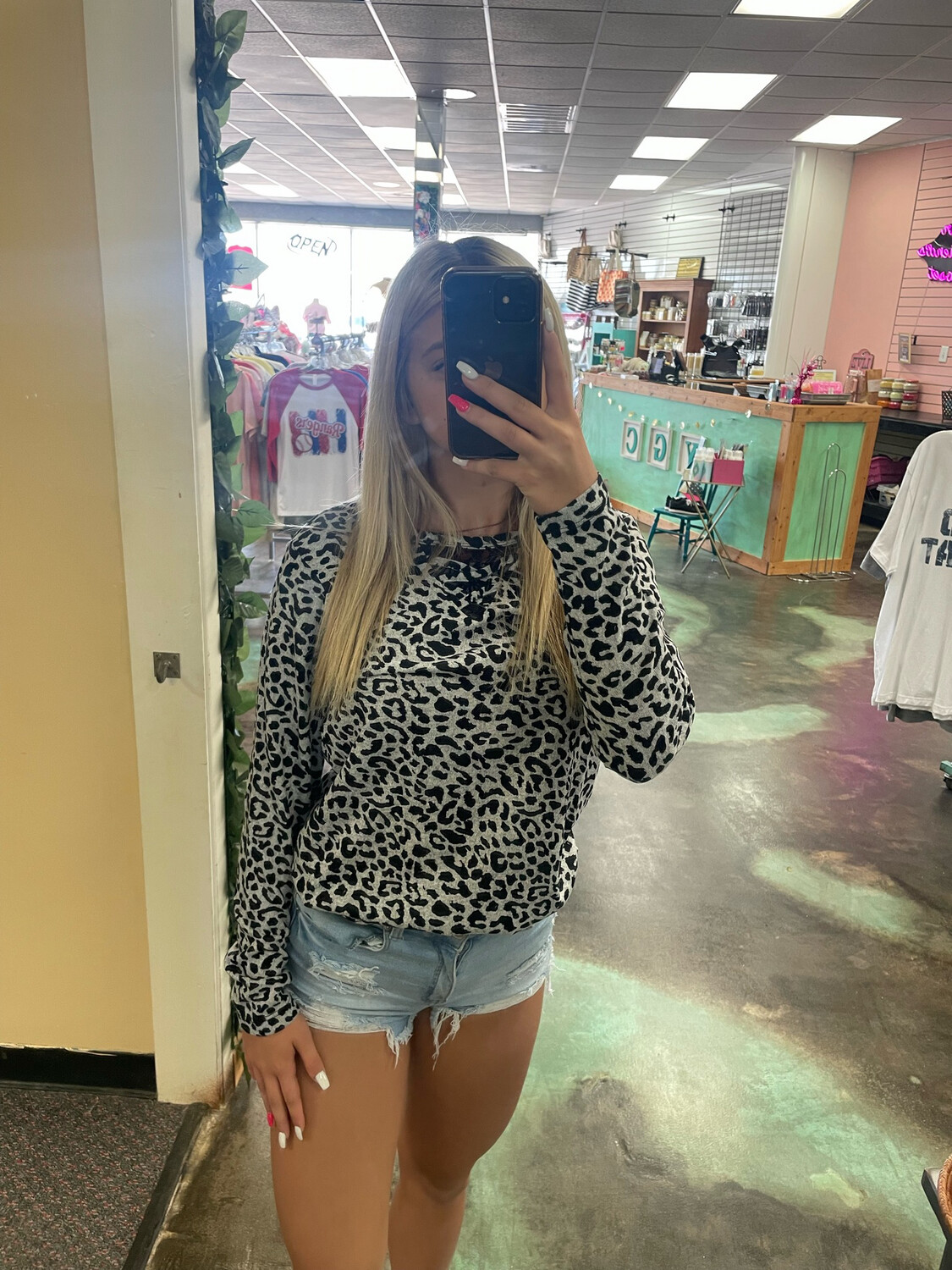 Leopard Laced V Neck Long Sleeve Top