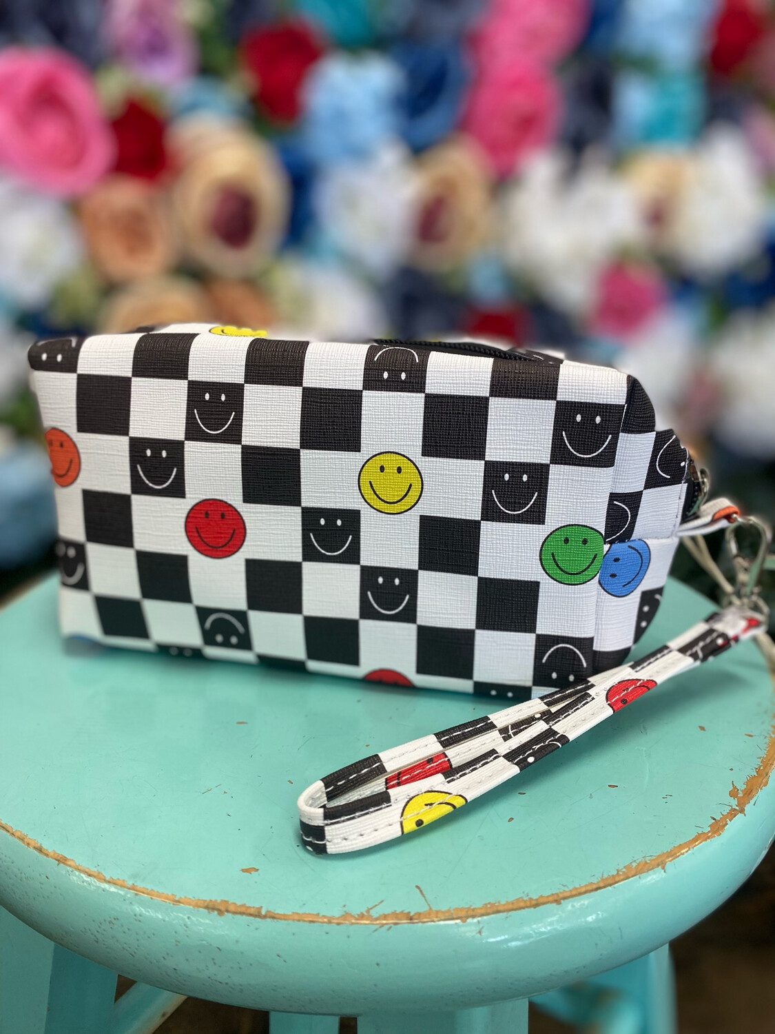 Checkered Smiley Face Cosmetic Bag