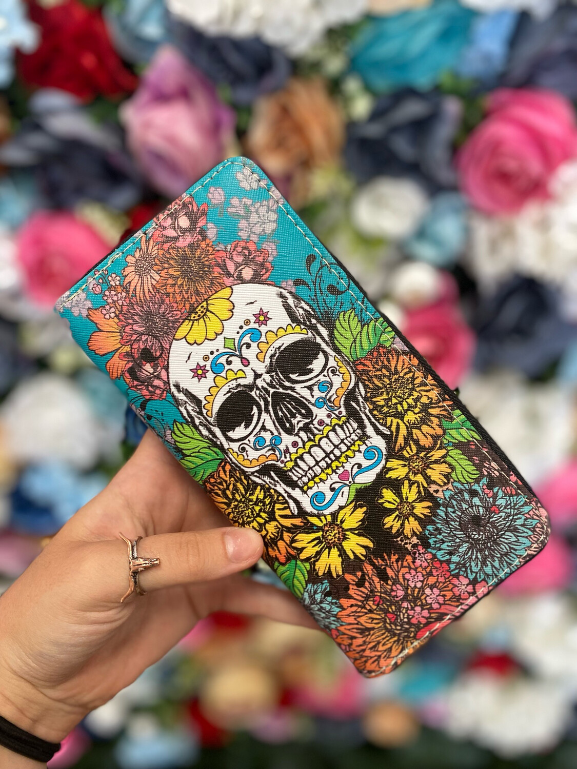 Floral Skull Zipper Wallet