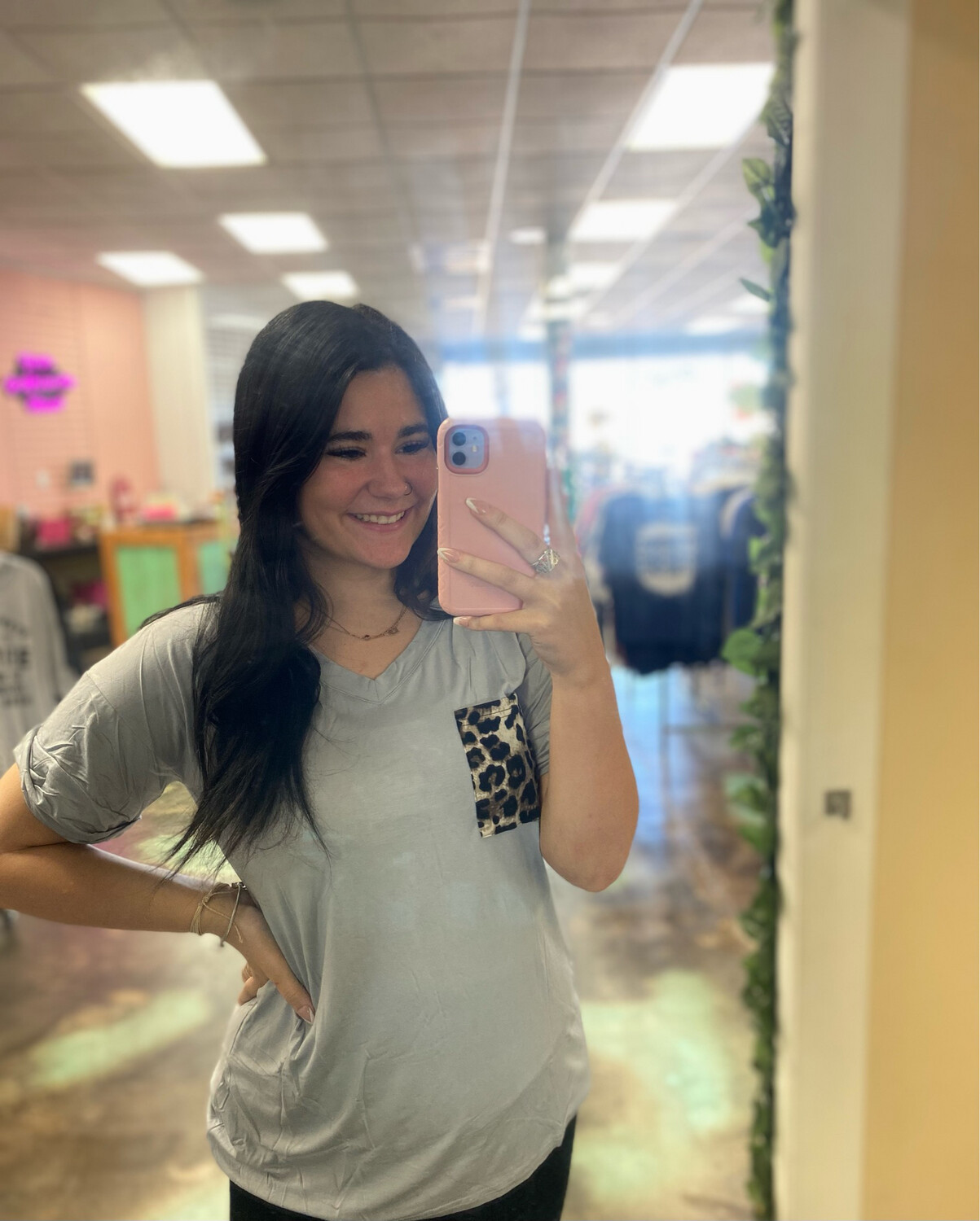 V Neck Top W/ Cheetah Print Pocket