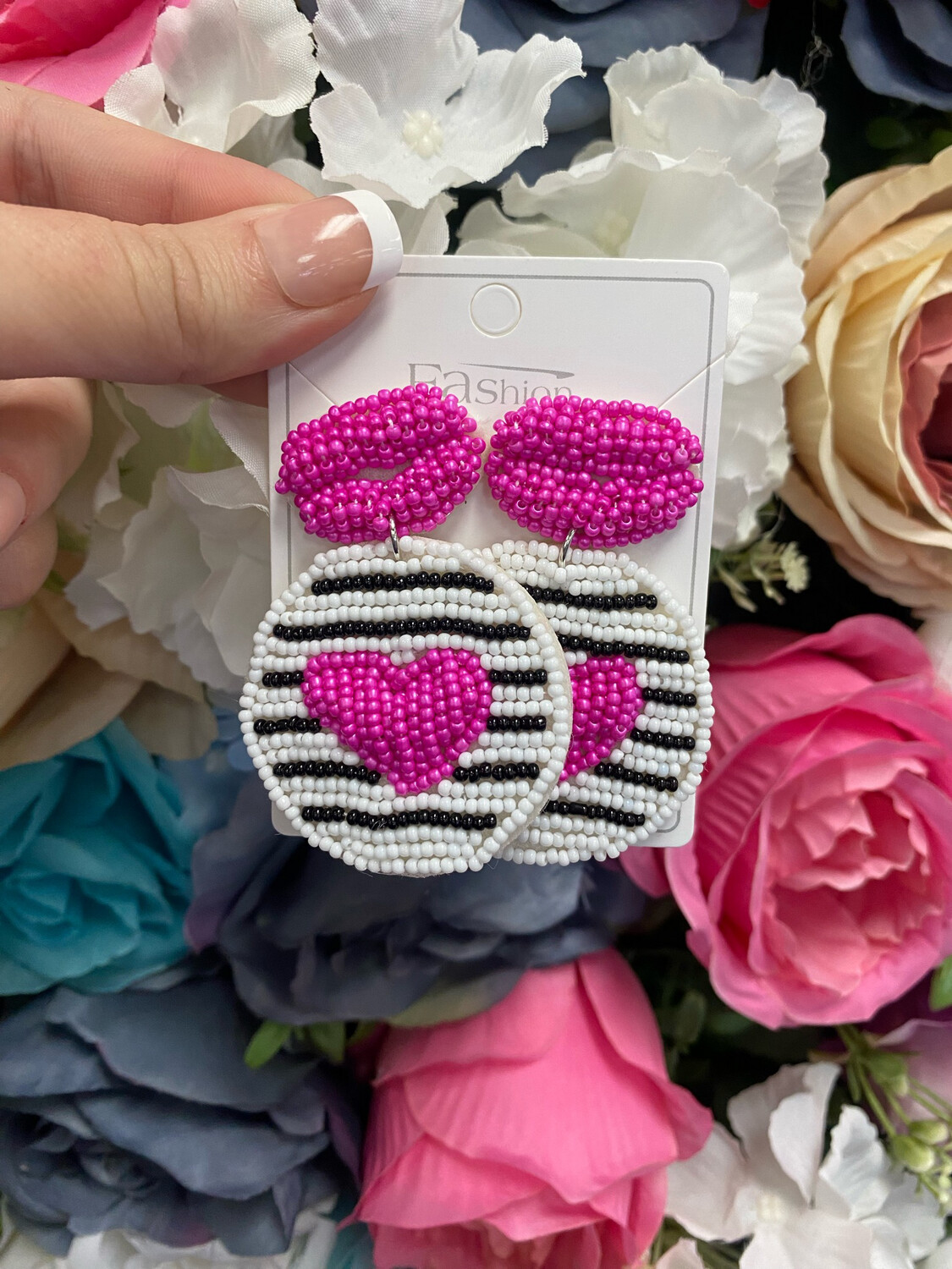 Beaded Heart Striped Earrings*