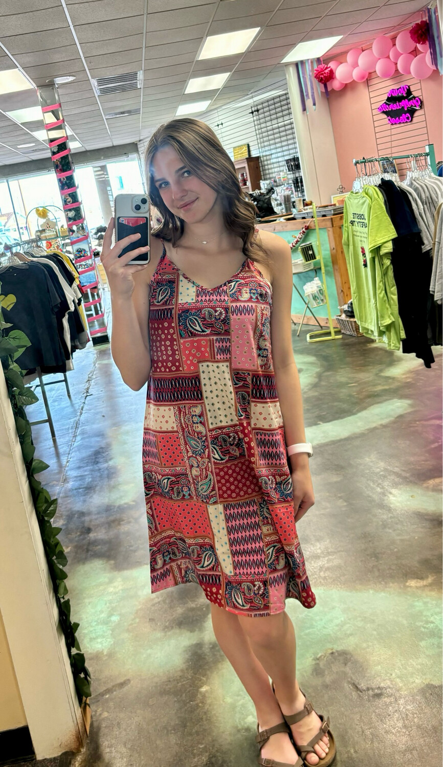 Red Patchwork Spaghetti Stap Dress