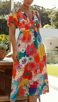 Floral Puffy Sleaves V-neck Maxi