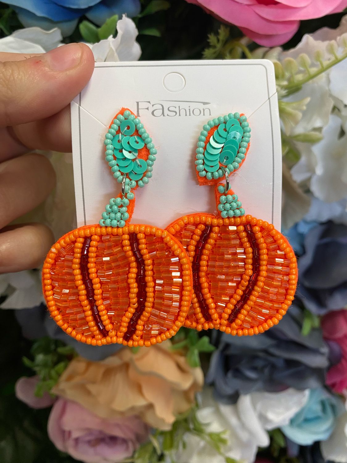 Sequin &amp; Beaded Pumpkin Earrings