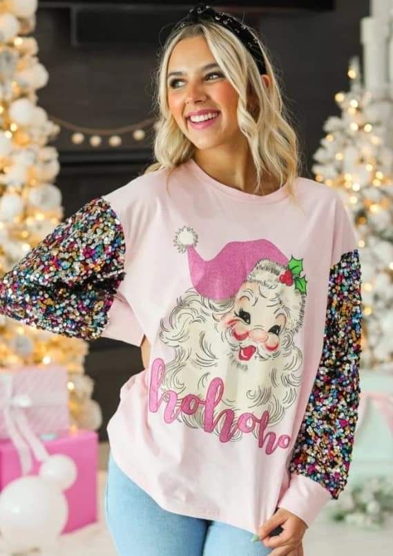 Pink Santa HO HO HO Long Sleeve Sequin Shirt