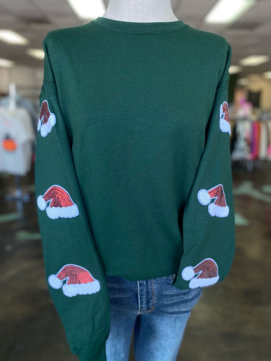 Santa Hat Sequin Sleeve Crewneck
