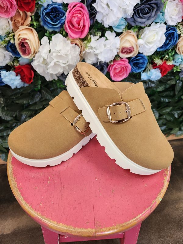 Platform Slide On Mules Tan