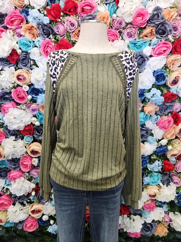 Olive Shirt /w Cheetah Accents-long sleeve