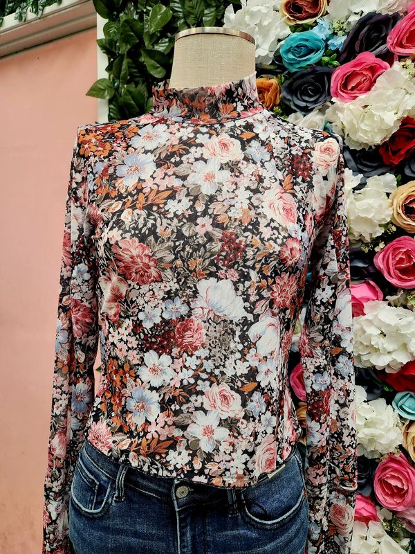 Floral Print Mesh Fitted Long Sleeve