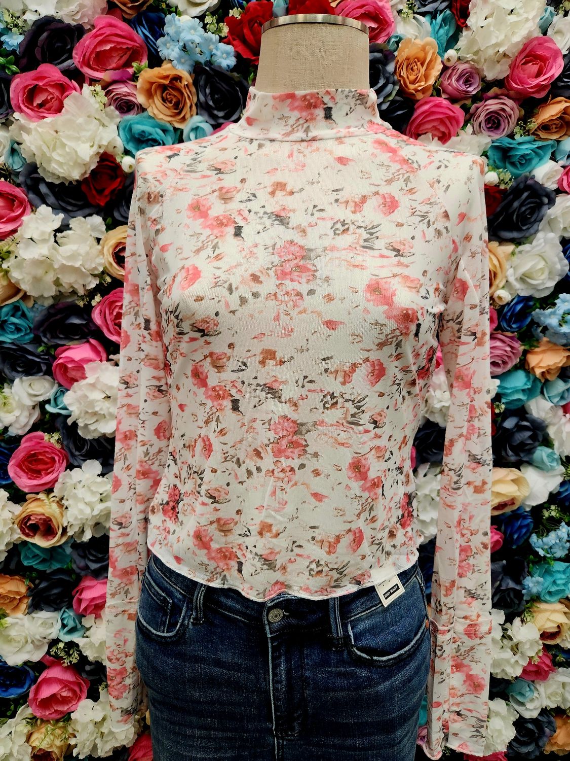 Floral Print Mesh Fitted Long Sleeve