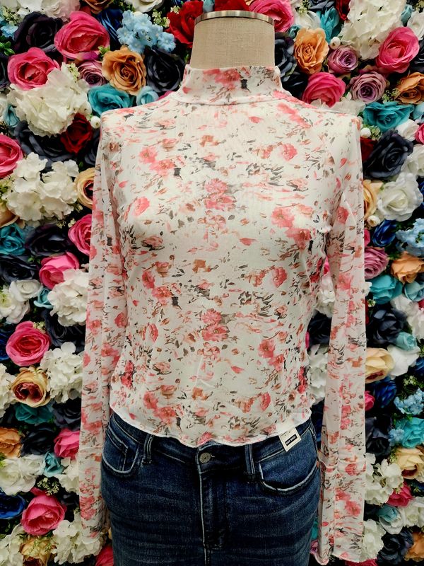 Floral Print Mesh Fitted Long Sleeve