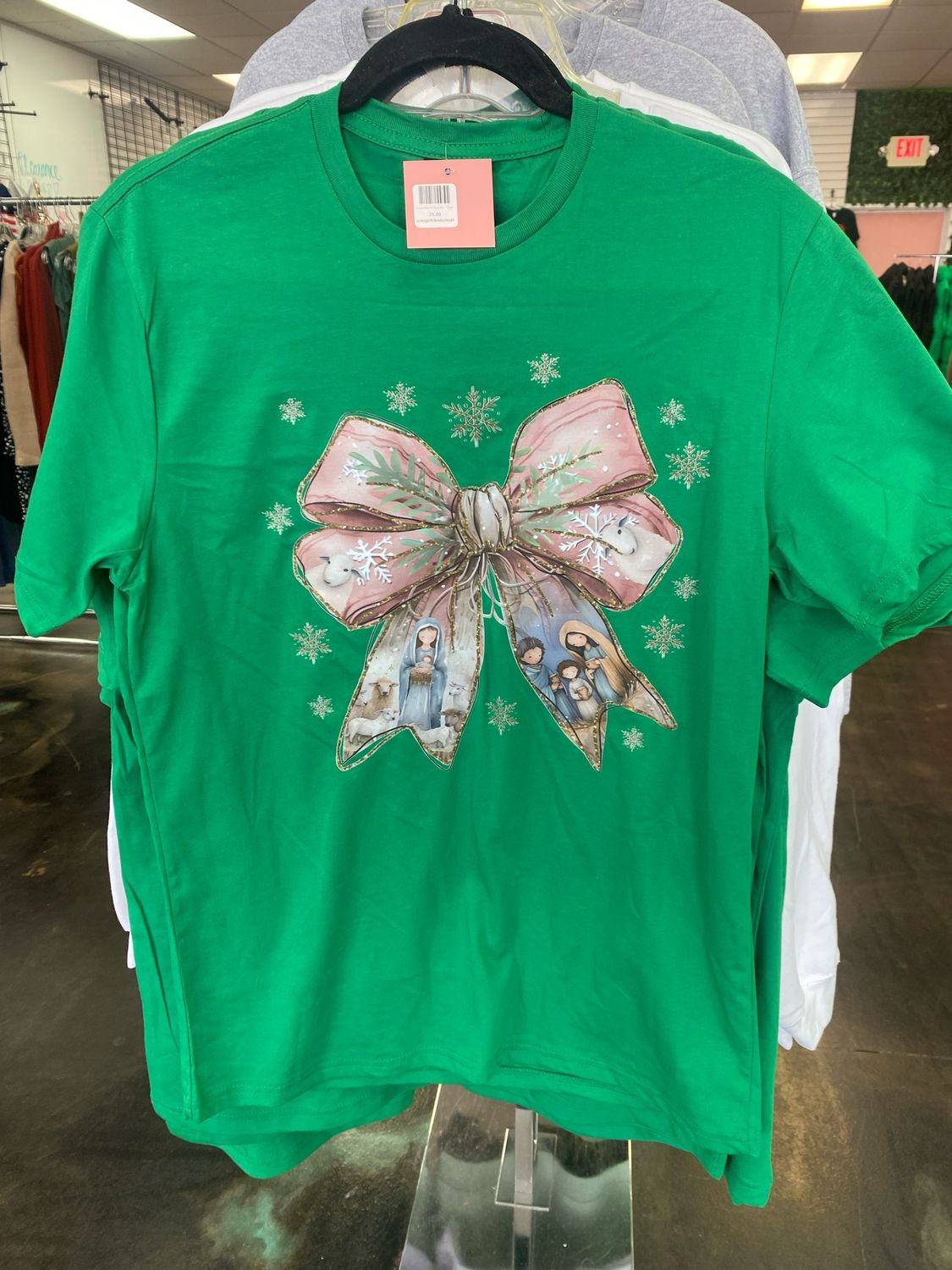 Green Nativity bow tee