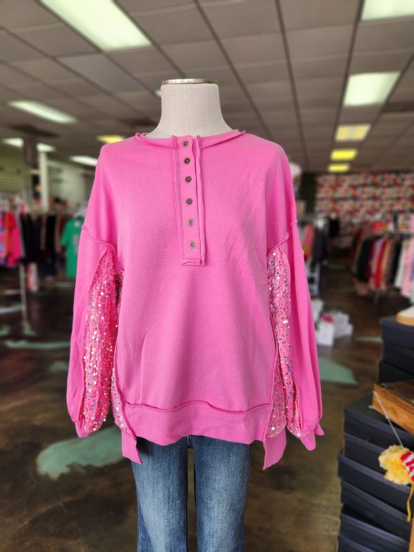 Pink Henley Sweatshirt W/Sequin Trim 