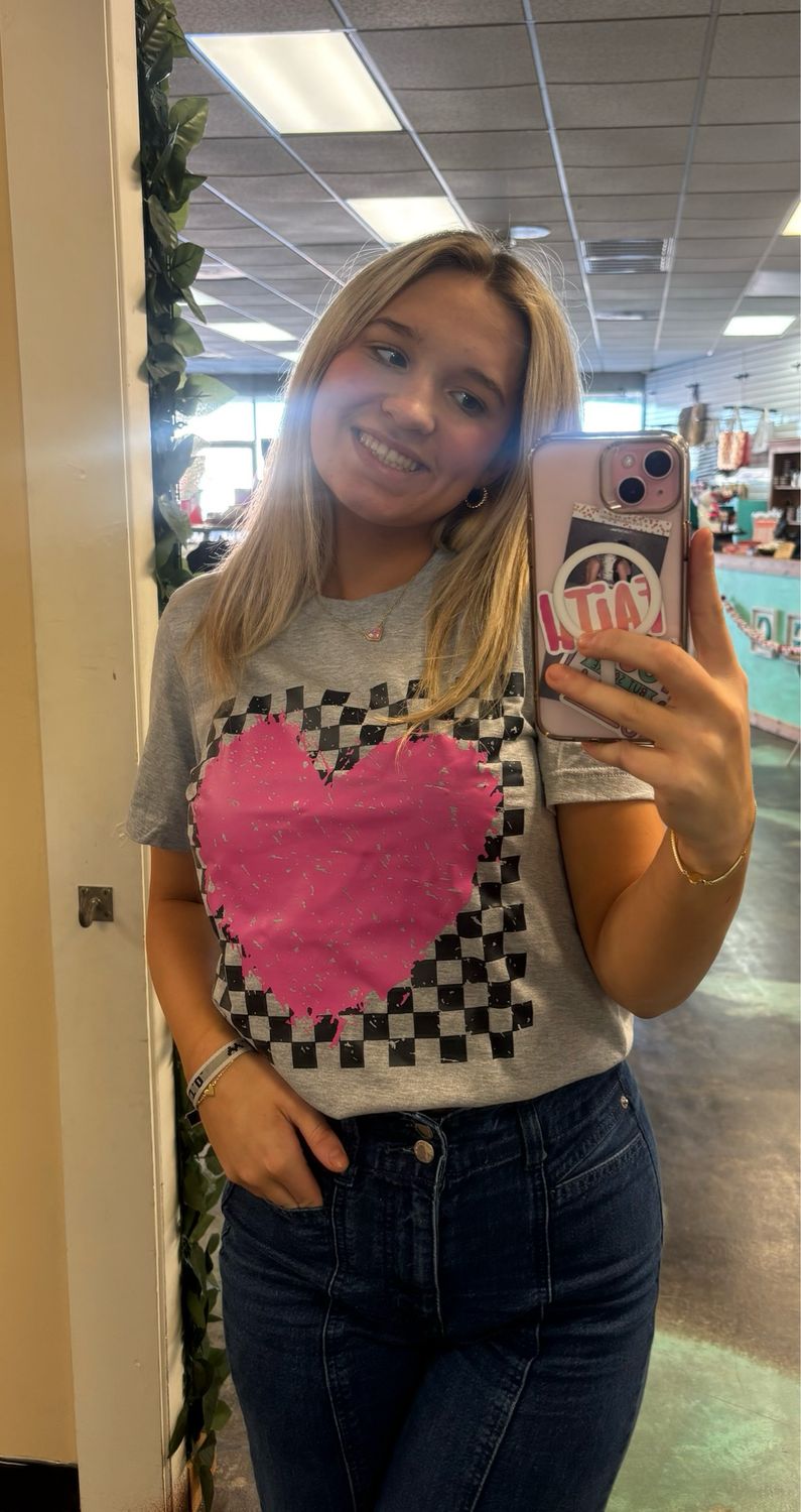 Gray Heart Checkered Tee
