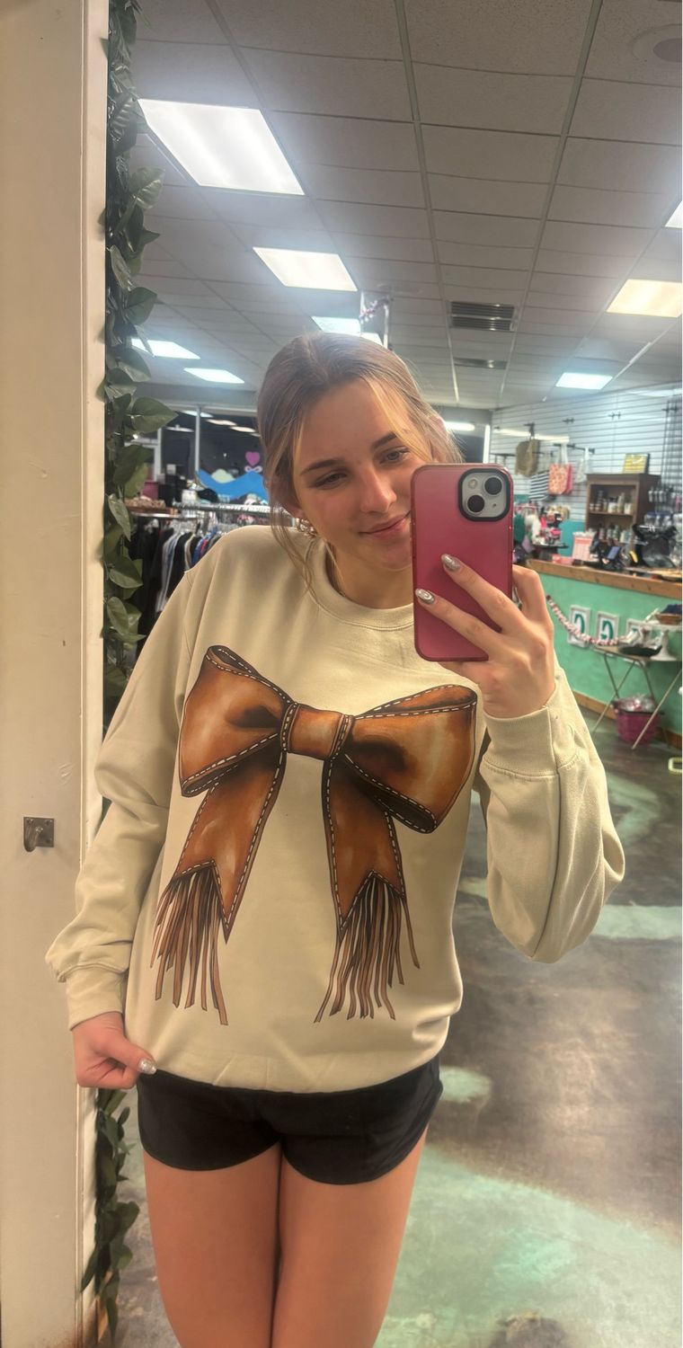 Brown Fringe Bow Crewneck 