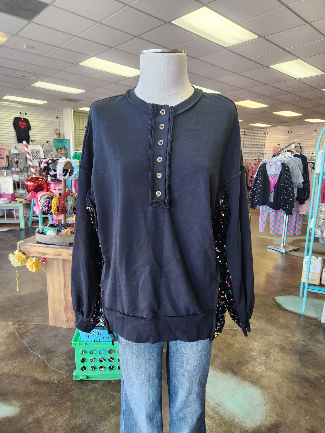 Black Henley Sweatshirt with Sequins