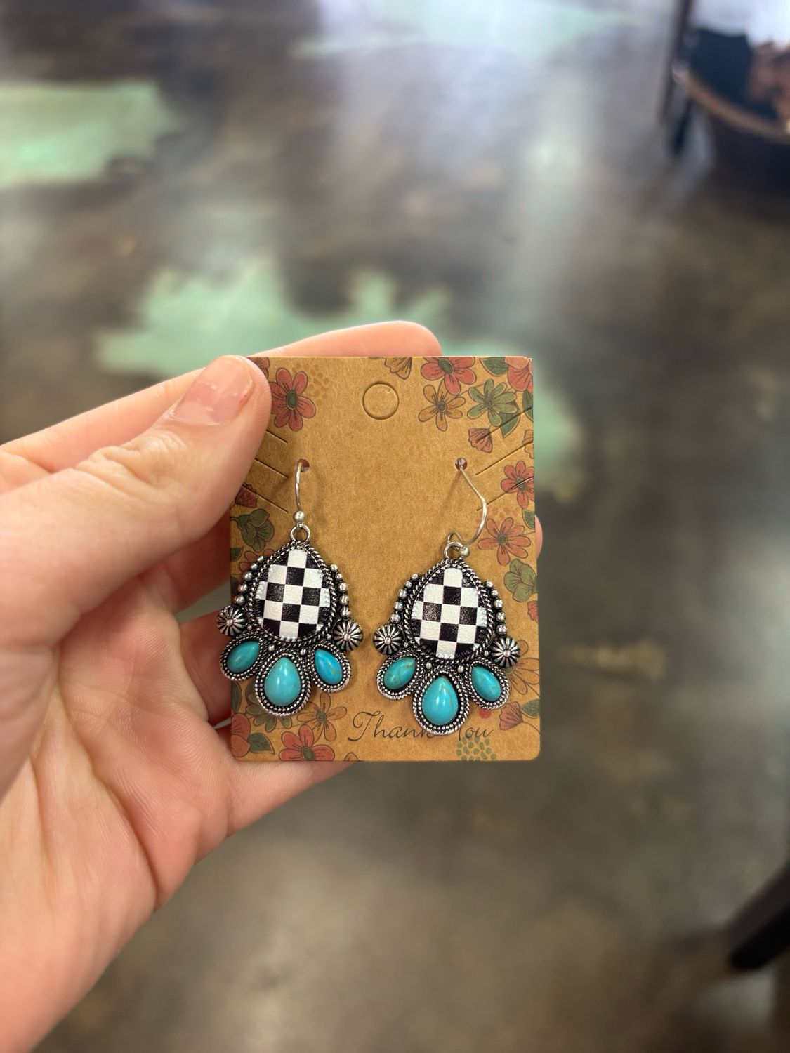 Teal/Checkered Dangle Earrings