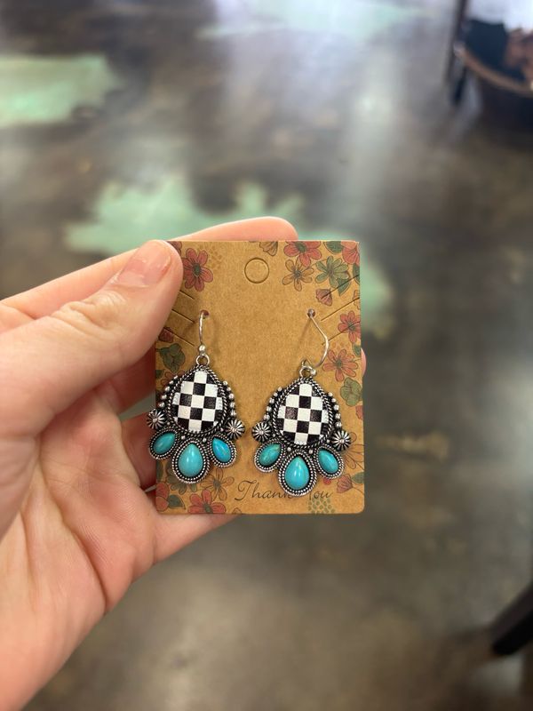 Teal/Checkered Dangle Earrings
